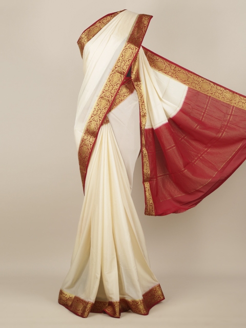 

Pothys Cream-Coloured & Red Poly Georgette Solid Saree