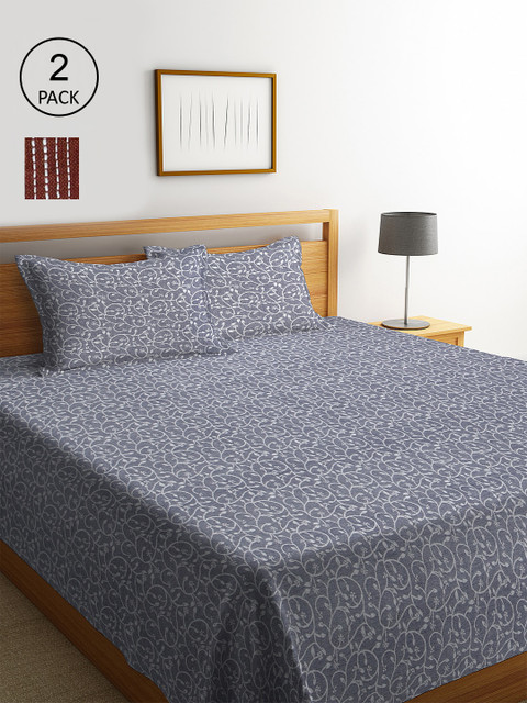 

KLOTTHE Set Of 2 Striped Double King Bed Covers with 4 Pillow Covers, Grey