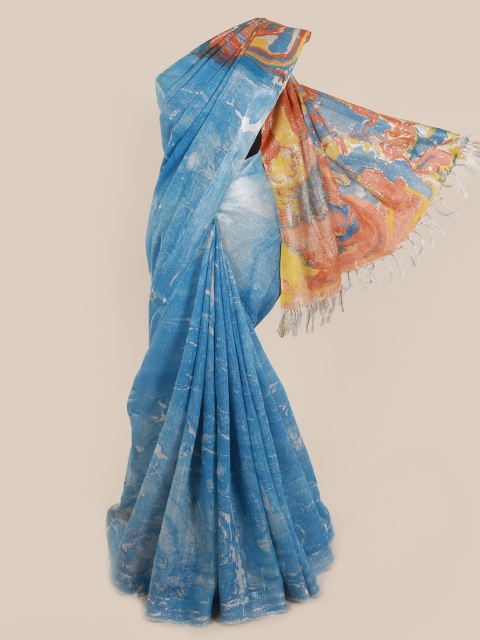 

Pothys Blue & Off-White Linen Blend Printed Saree