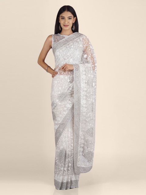 

KAJREE White Net Printed Handloom Jamdani Saree