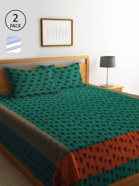 KLOTTHE Set of 2 Striped Double Bed Covers With 4 Pillow Covers, Green