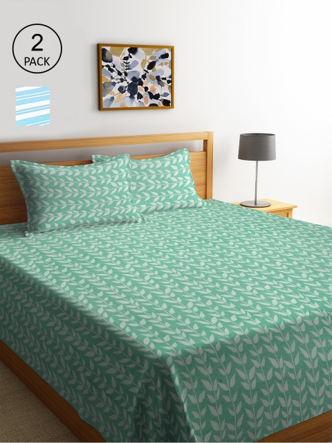 

KLOTTHE Set Of 2 Woven Design Double King Bed Covers with 4 Pillow Covers, Blue