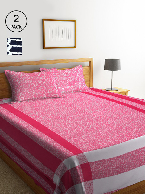

KLOTTHE Set of 2 Pink & Navy Blue Woven Design Double King Bed Covers with 4 Pillow Covers