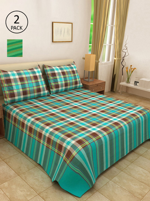 

KLOTTHE Set Of 2 Woven-Design Double King Bed Covers With 4 Pillow Covers, Green