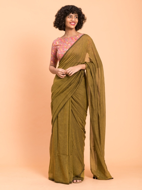 

Suta Olive Green Solid Pure Cotton Saree