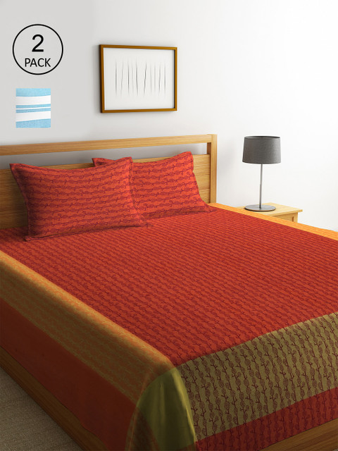 

KLOTTHE Set of 2 Striped Double Bed Covers With 4 Pillow Covers, Blue