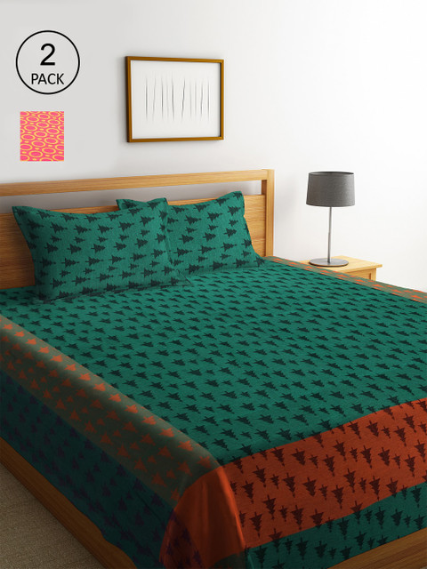 

KLOTTHE Set Of 2 Geometric Double King Bed Covers with 4 Pillow Covers, Green