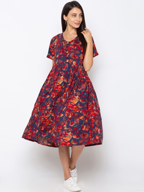 

MomToBe Women Navy Blue Printed Fit and Flare Maternity & Feeding Dress
