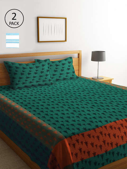 

KLOTTHE Set Of 2 Striped Double King Bed Covers with 4 Pillow Covers, Green