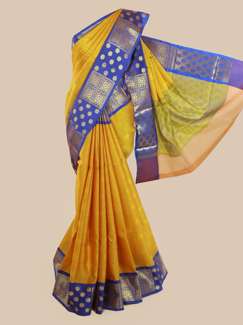 

Pothys Yellow & Blue Cotton Blend Solid Saree
