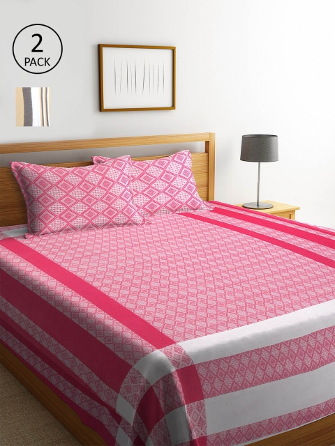 

KLOTTHE Set of 2 Striped Double King Bed Covers With 4 Pillow Covers, Pink