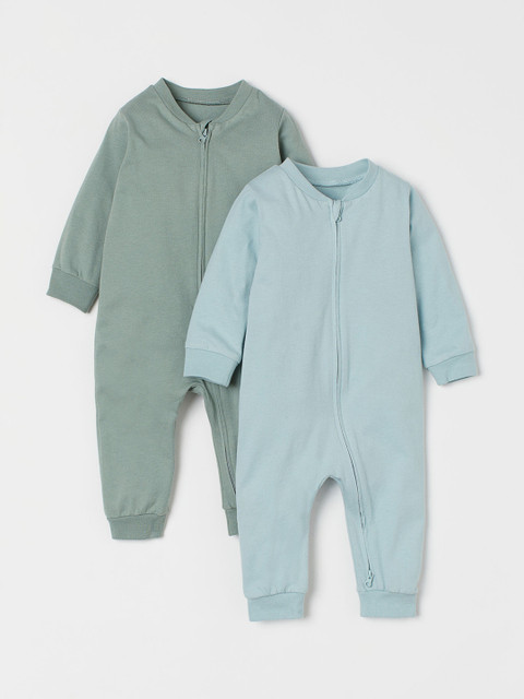 

H&M 2-Pack Turquoise Blue & Green Solid Cotton Zip-up Rompers