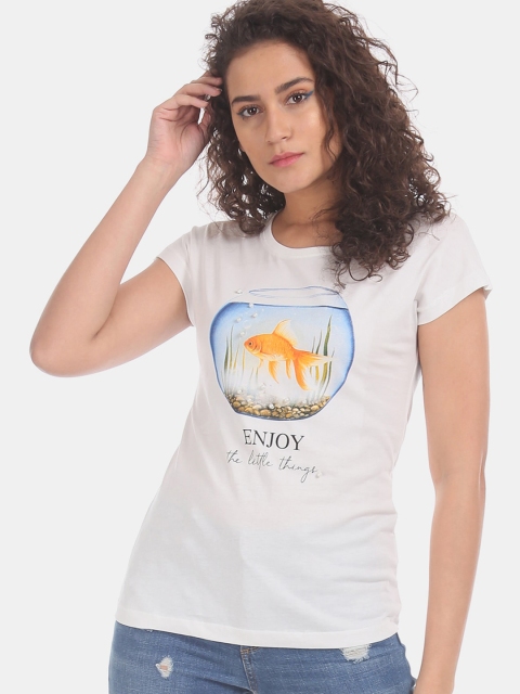 Sugr Women White Printed Round Neck T-shirt