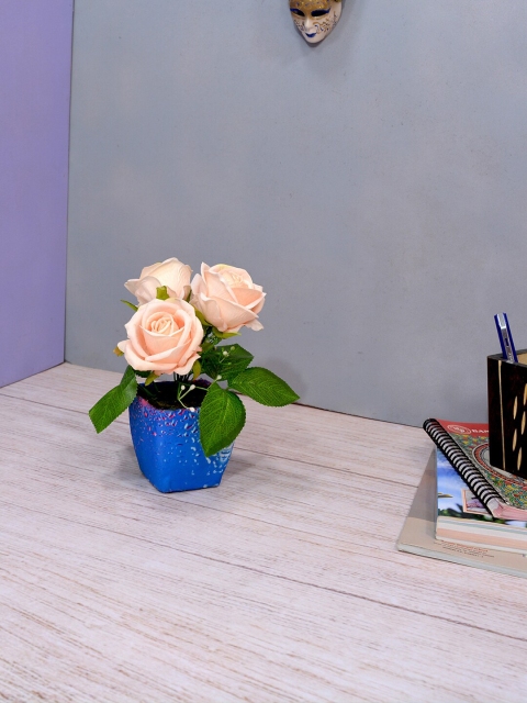 

fancy mart Peach Coloured Artificial Rose Flower in Square Texture Pot