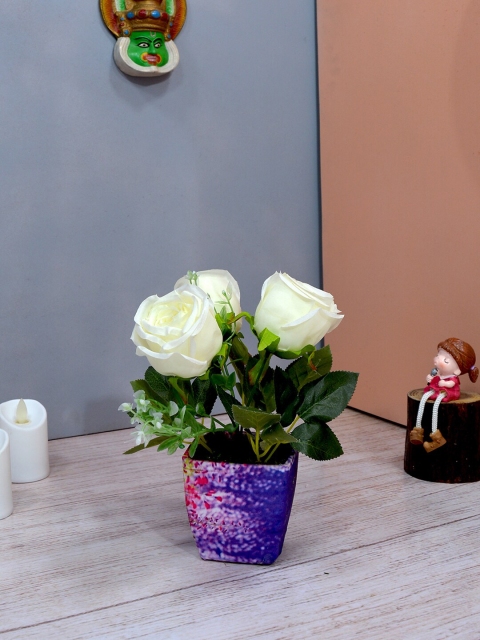 

fancy mart Off White & Blue Artificial Rose Flower With Square Texture Pot