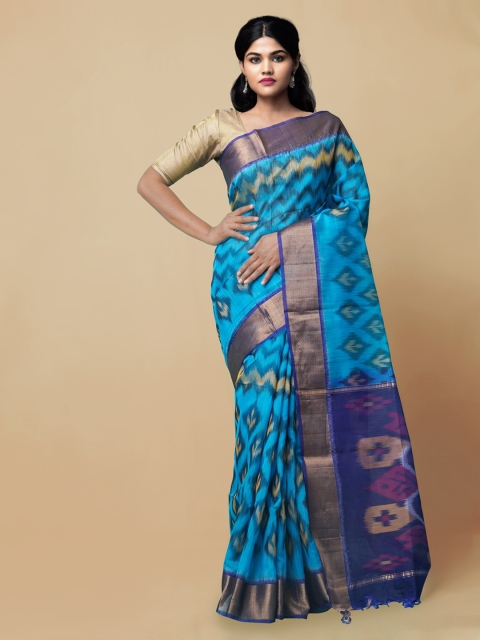 

Unnati Silks Blue & Gold-Toned Pure Cotton Printed Ikat Saree