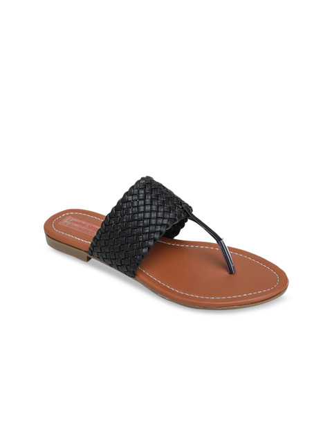 

LONDON STEPS Women Black Woven Design T-Strap Flats