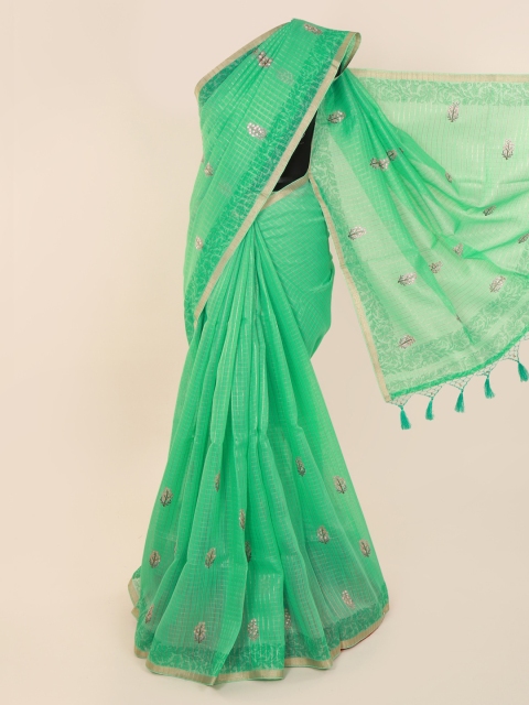 

Pothys Green Cotton Blend Embroidered Chanderi Saree