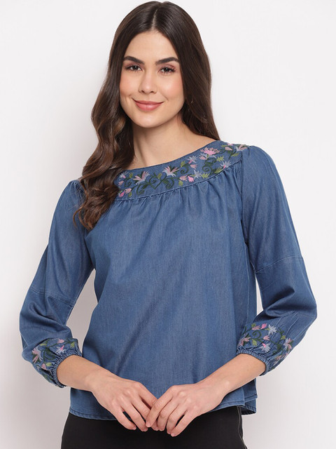 

Mayra Blue Embroidered Boat Neck Regular Top