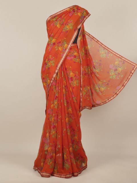 

Pothys Orange & Green Poly Chiffon Floral Printed Saree