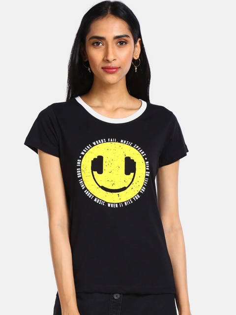 

Sugr Women Black & Yellow Printed Round Neck Cotton T-shirt