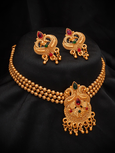 

aadita Gold-Plated Pink & Green Stone-Studded Beaded Jewellery Set