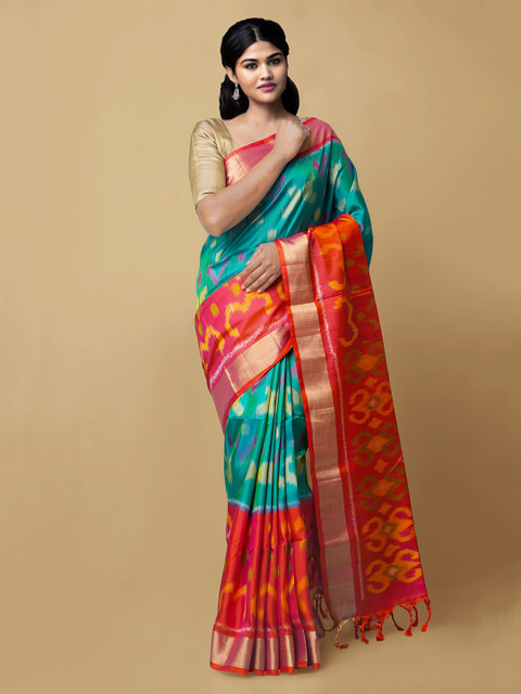 

Unnati Silks Sea Green & Red Silk Cotton Printed Ikat Saree