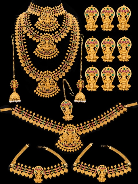 

Alankruthi Gold-Plated Pink & Green Stone-Studded Beaded Laxmi Coin Temple Bridal Jewellery Set
