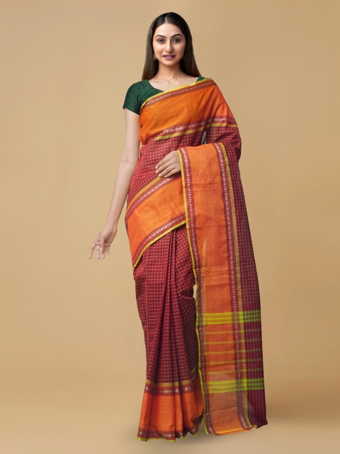 

Unnati Silks Red Pure Cotton Checked Handcrafted Chettinad Saree