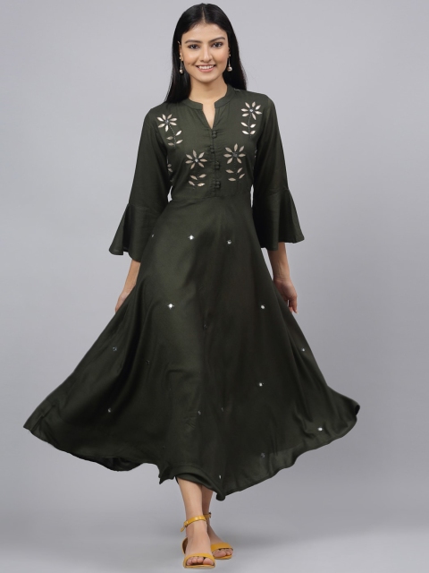 

ANAISA Women Olive Green Embellished Maxi Dress