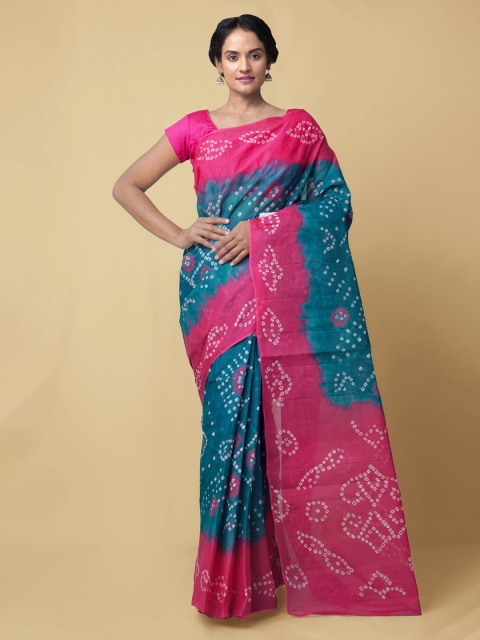 

Unnati Silks Pink & Navy Blue Pure Cotton Printed Bandhani Saree