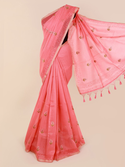 

Pothys Pink Cotton Blend Embroidered Chanderi Saree