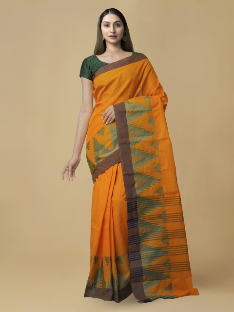 

Unnati Silks Orange & Green Pure Cotton Solid Handcrafted Kanjeevaram Saree