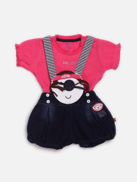 WOW Kids Pink & Navy Pure Cotton Solid T-shirt with Romper