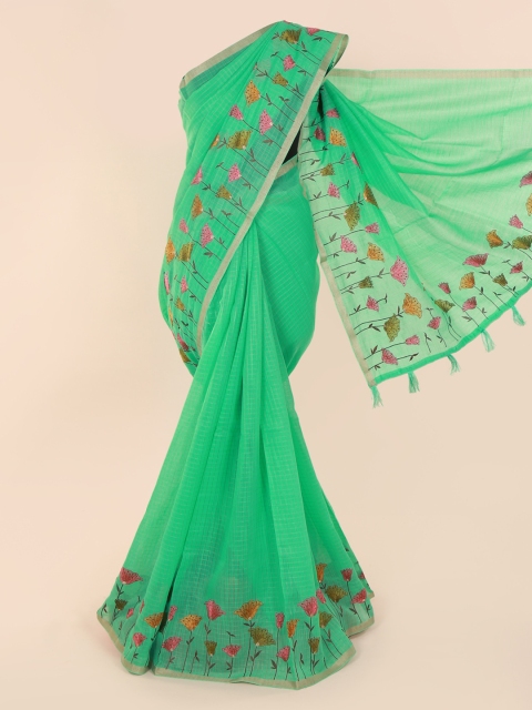 

Pothys Green Cotton Blend Checked Chanderi Saree