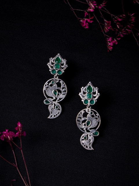 

MORKANTH JEWELLERY Green & Silver-Toned Leaf Shaped Drop Earrings
