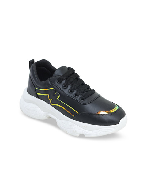 

LONDON STEPS Women Black & Gold-Toned Striped Memory Foam Lightweight Sneakers