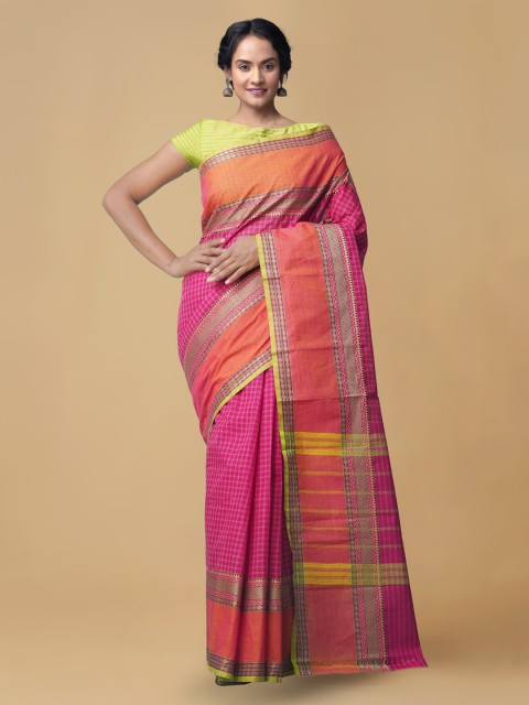 

Unnati Silks Pink Pure Cotton Checked Chettinad Saree