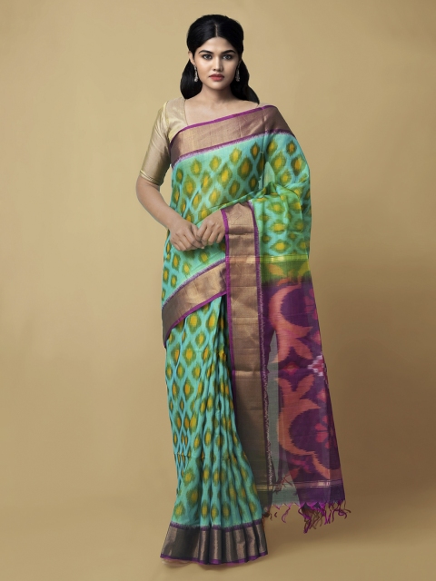 

Unnati Silks Green Silk Cotton Printed Ikat Saree