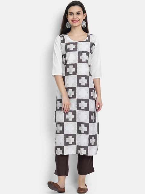 

7Threads Women Off White & Black Geometric Checked Crepe Kurta
