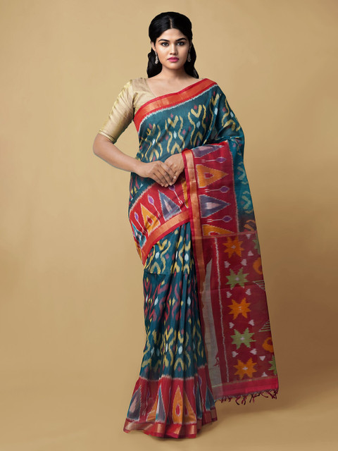 

Unnati Silks Green & Red Pure Cotton Printed Ikat Saree