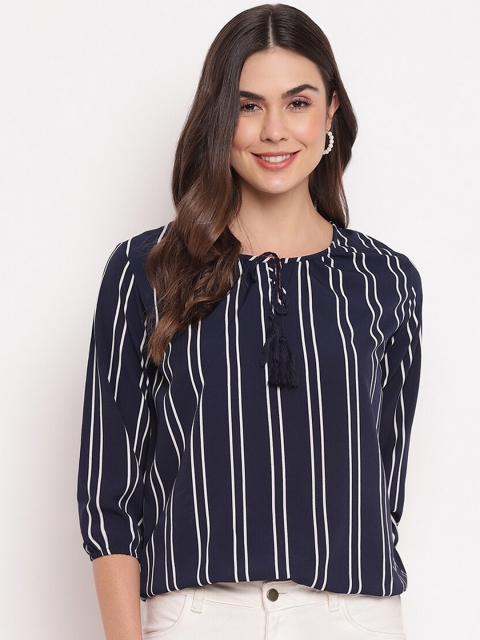 

Mayra Blue Striped Tie-Up Neck Puff Sleeves Crepe Regular Top