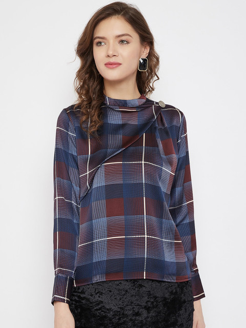 

Madame Women Navy Blue & Maroon Checked Top