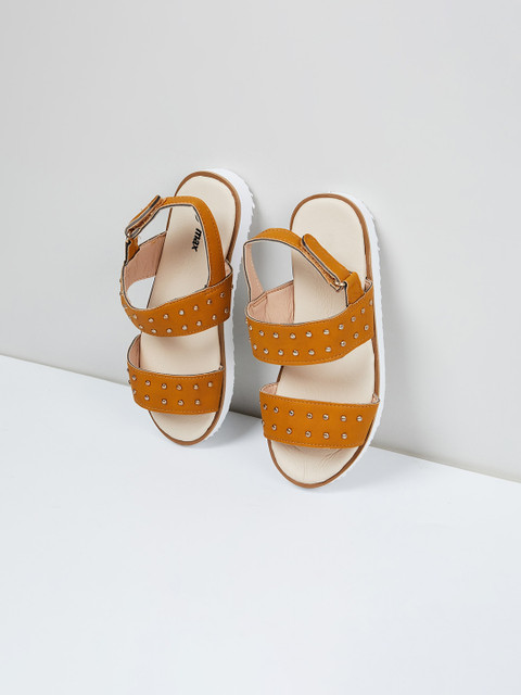 

max Girls Tan Brown Embellished Open Toe Flats