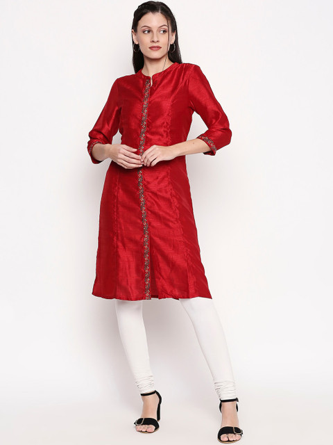 

People Women Maroon Solid Straight Kurta