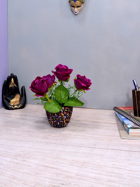 

fancy mart Magenta Pink & Green Artificial Rose Flower In Round Textured Pot