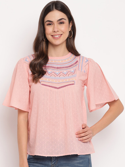 

Mayra Pink Embroidered Flared Sleeves A-Line Top