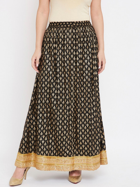 

TULIP 21 Women Black & Golden Ethnic Motifs Printed Flared Maxi Skirt