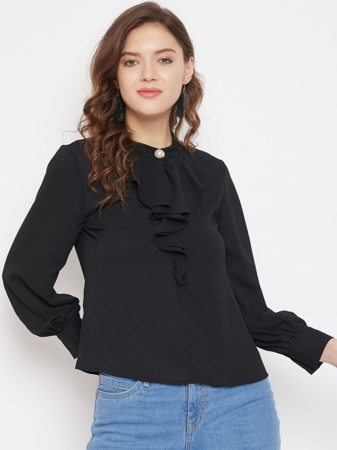 

Madame Black Mandarin Collar Solid Puff Sleeves Regular Top