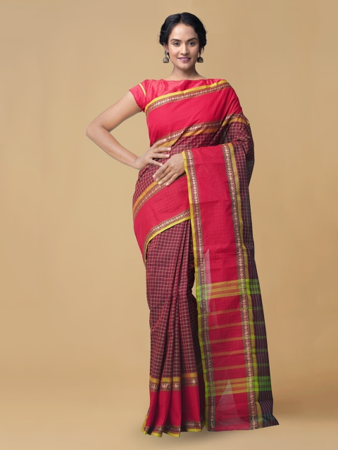 

Unnati Silks Maroon Pure Cotton Checked Handcrafted Chettinad Saree